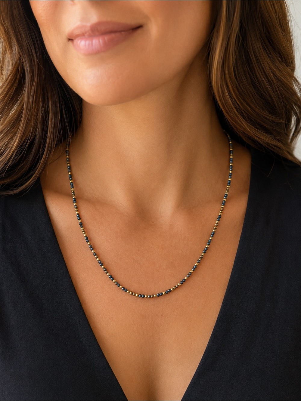 Delicate Black Hematite and Gold Beaded Necklace